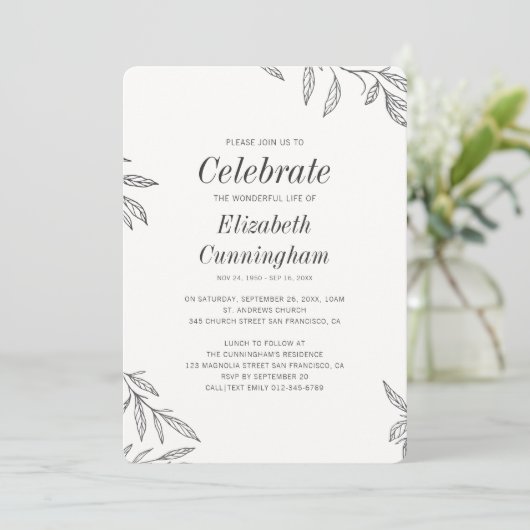 Modern Black and White Foliage Memorial Kaart (Staand voorkant)