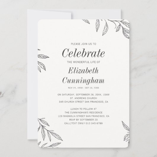 Modern Black and White Foliage Memorial Kaart (Voorkant)