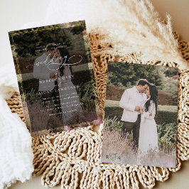 Modern Black and White Gold Border Photo Wedding Kaart