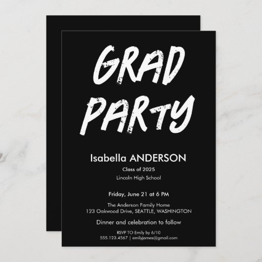 Modern Black and White Graduation Party Kaart (Voorkant / Achterkant)