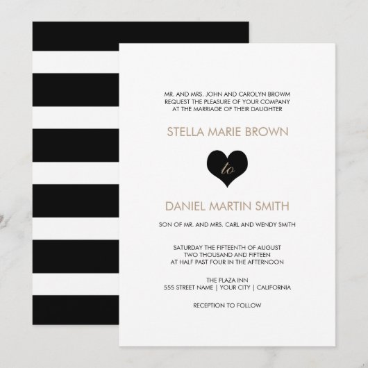 Modern Black and White Heart Wedding Invitation Kaart (Voorkant / Achterkant)