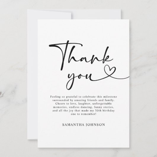 Modern Black and White Hello 30th Birthday Bedankkaart (Voorkant)