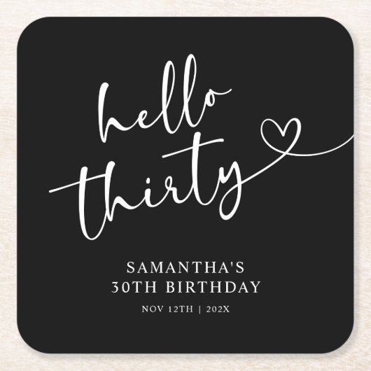 Modern Black and White Hello 30th Birthday Kartonnen Onderzetters (Voorkant)