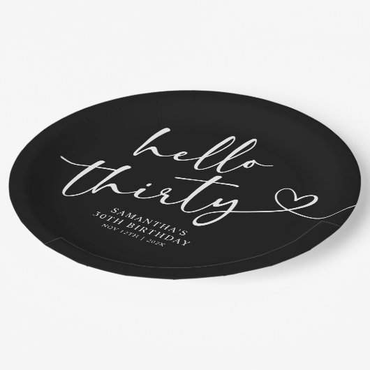 Modern Black and White Hello 30th Birthday Papieren Bordje (Gekanteld)