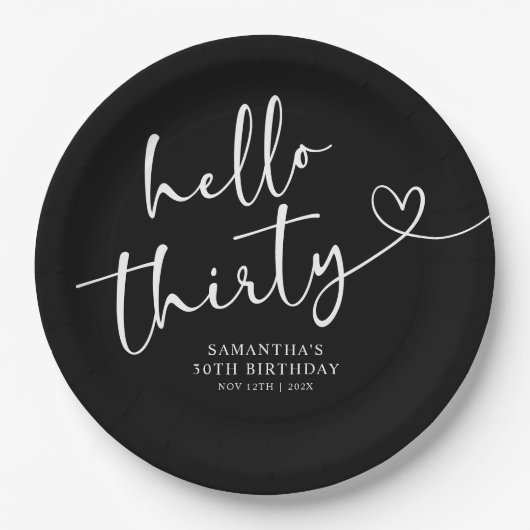 Modern Black and White Hello 30th Birthday Papieren Bordje (Voorkant)