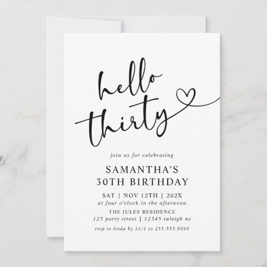 Modern Black and White Hello 30th Birthday Party Kaart (Voorkant)