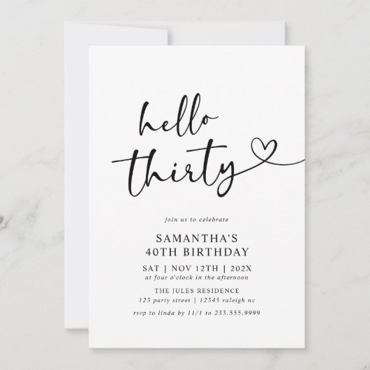 Modern Black and White Hello 30th Birthday Party Kaart (Voorkant)
