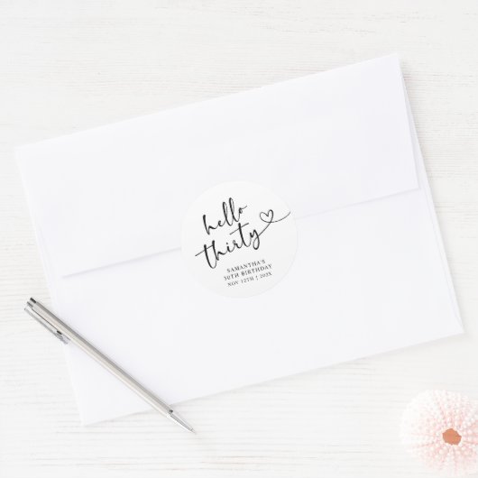 Modern Black and White Hello 30th Birthday Ronde Sticker (Envelop)