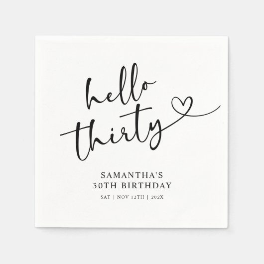 Modern Black and White Hello 30th Birthday Servet (Voorkant)