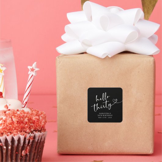 Modern Black and White Hello 30th Birthday Vierkante Sticker (Feest)