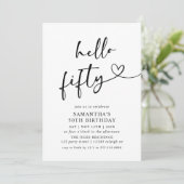 Modern Black and White Hello Fifty Birthday Party Kaart (Staand voorkant)