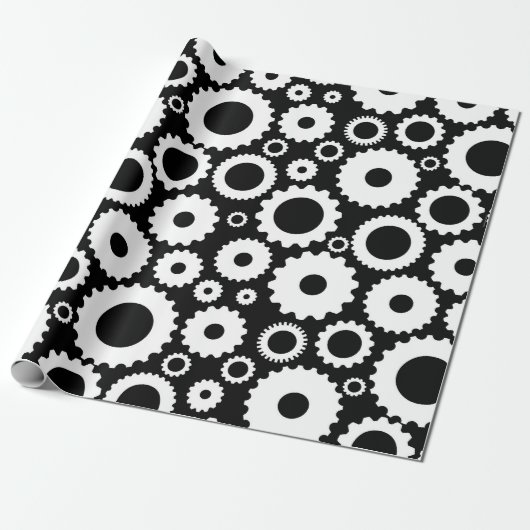 Modern Black and White Illustration Gear Pattern Cadeaupapier (Uitgerold)
