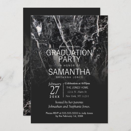 Modern Black and White Marble Graduation Party Kaart (Voorkant / Achterkant)