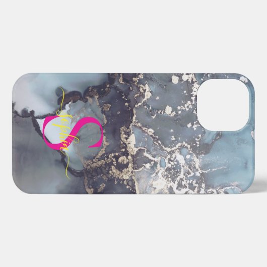 modern black and white marble monogram iPhone hoesje (Achterkant horizontaal)