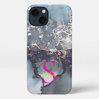modern black and white marble monogram iPhone 13 hoesje