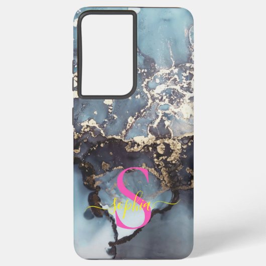 modern black and white marble monogram samsung galaxy hoesje (Achterkant)