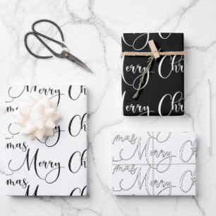 Modern Black and White Merry-kerstkalligrafie Inpakpapier Vel