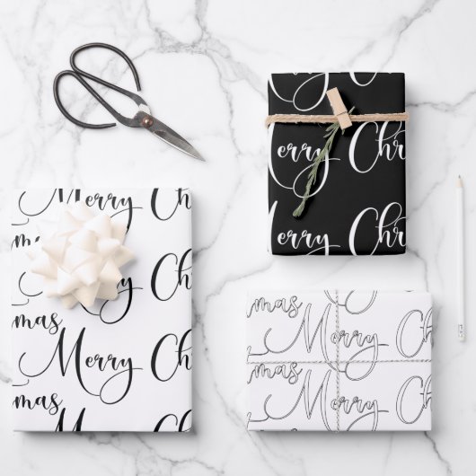 Modern Black and White Merry-kerstkalligrafie Inpakpapier Vel (Voorkant)