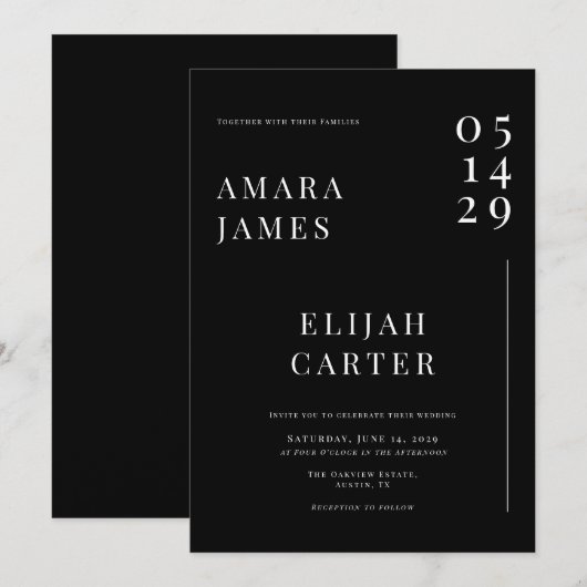 Modern Black and White Minimal Wedding Kaart (Voorkant / Achterkant)