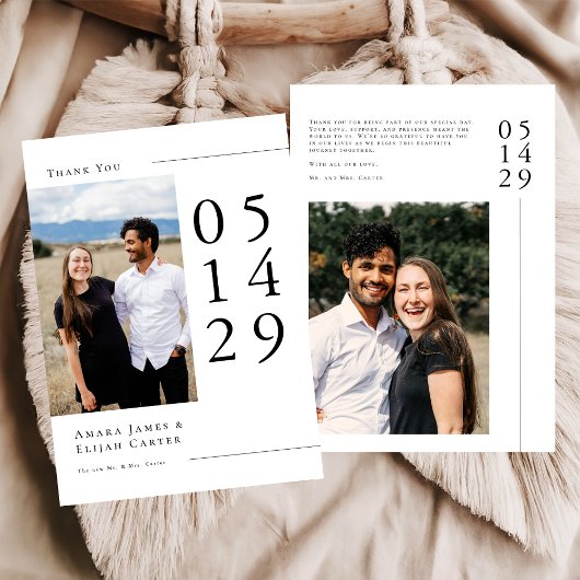 Modern Black and White Minimal Wedding Photo Bedankkaart