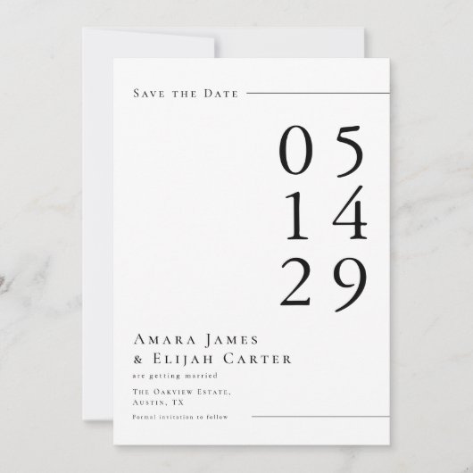 Modern Black and White Minimal Wedding Save The Date (Voorkant)
