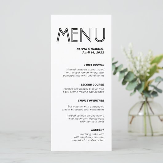 Modern Black and white minimalist class Wedding Menu (Staand voorkant)