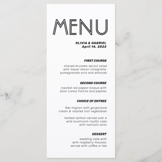 Modern Black and white minimalist class Wedding Menu (Voorkant)
