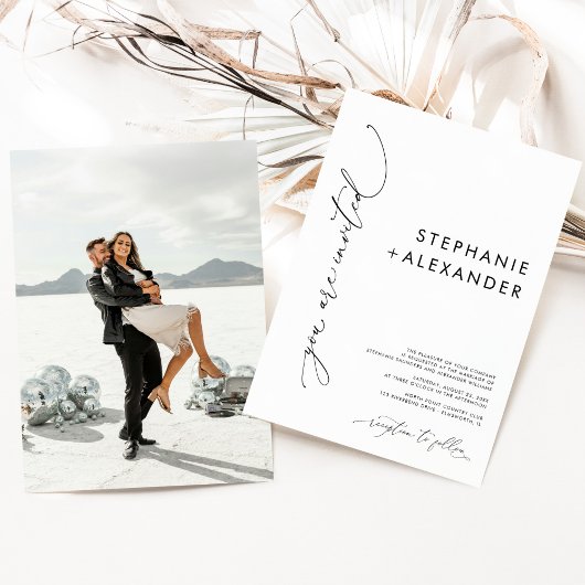 Modern Black and White Minimalist Photo Wedding Kaart