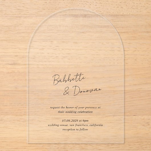 Modern Black and White Minimalist Wedding Acryl Uitnodigingen (Voorkant)