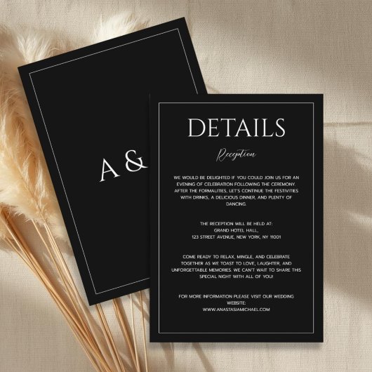 Modern black and white minimalist wedding details informatiekaartje