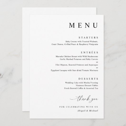Modern Black and White Minimalist Wedding Menu (Voorkant / Achterkant)
