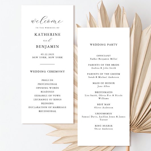 Modern Black and White Minimalist Wedding Programmakaart