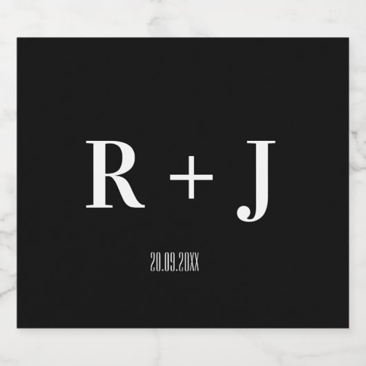 Modern Black and White Monogram Weddenschap Sparkling Wijnetiket (Enkel label)