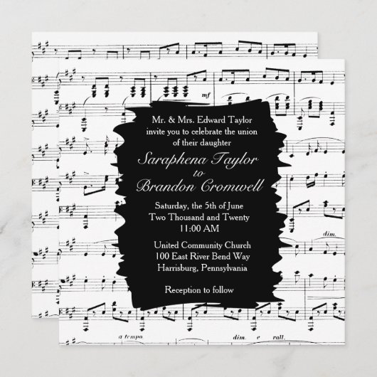 Modern Black and White Music Wedding Invitation Kaart (Voorkant / Achterkant)