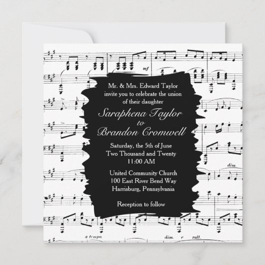 Modern Black and White Music Wedding Invitation Kaart (Voorkant)