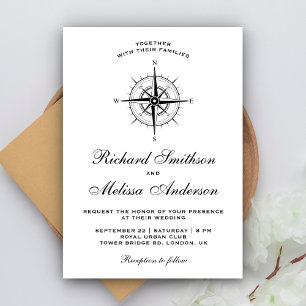 Modern Black and White Nautical Compass Wedding Kaart