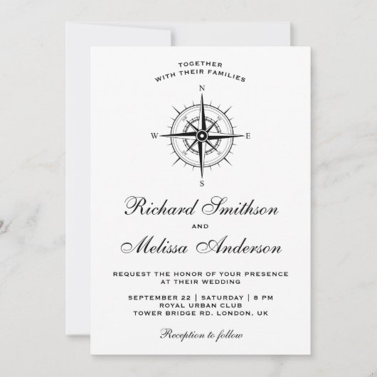 Modern Black and White Nautical Compass Wedding Kaart (Voorkant)