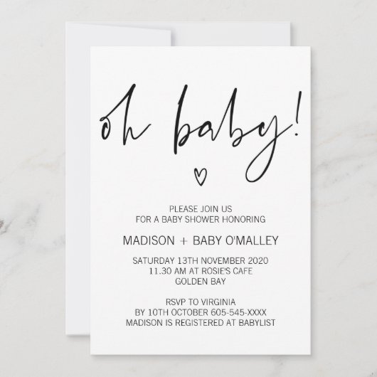Modern Black and White Oh Baby shower Invitation Kaart (Voorkant)