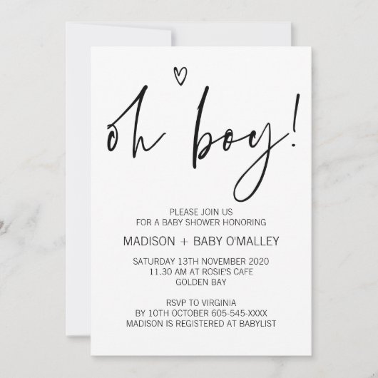 Modern Black and White Oh Boy Baby shower nodigt u Kaart (Voorkant)