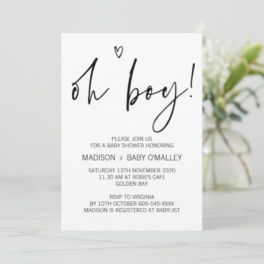 Modern Black and White Oh Boy Baby shower nodigt u Kaart (Staand voorkant)