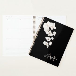 Modern Black and White Orchid Floral Monogram Planner