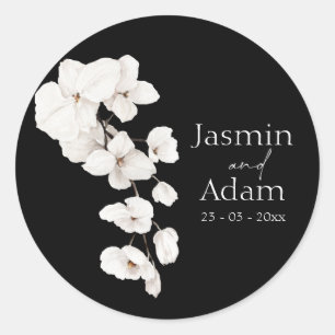 Modern Black and White Orchids Flowers Wedding Ronde Sticker
