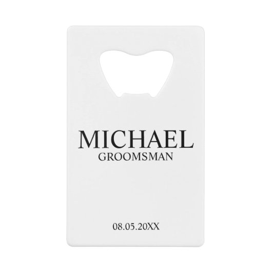 Modern Black and White Personalized Groomsman Creditkaart Flessenopener (Voorkant)
