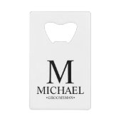 Modern Black and White Personalized Groomsman Creditkaart Flessenopener (Voorkant)