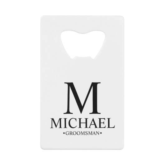 Modern Black and White Personalized Groomsman Creditkaart Flessenopener (Voorkant)