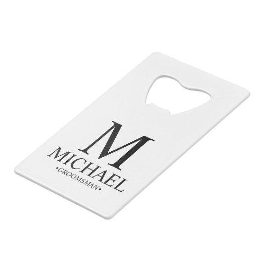 Modern Black and White Personalized Groomsman Creditkaart Flessenopener (Voorkant Gekanteld)