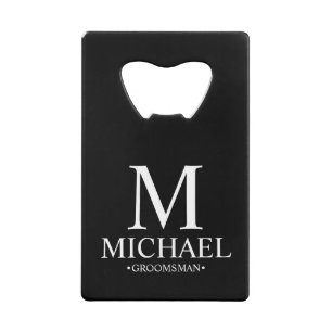 Modern Black and White Personalized Groomsman Creditkaart Flessenopener