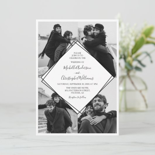 Modern Black and White Photo Collage Wedding Kaart (Staand voorkant)