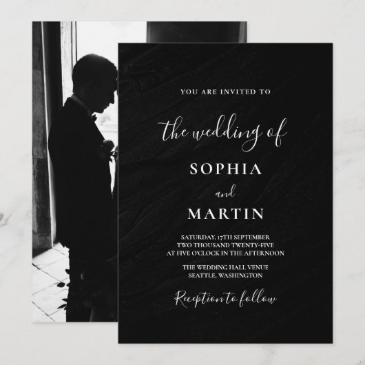 Modern black and white Photo Wedding Kaart (Voorkant / Achterkant)