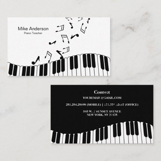 Modern Black and White Piano Teacher Visitekaartje (Voorkant / Achterkant)